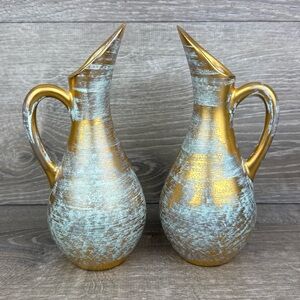 Vtg Pair Stangl Pottery 4056 - Hand Painted Aqua & Gold Pitcher Vase Trenton